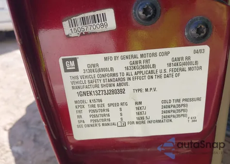 2003 Chevrolet Tahoe Lt z USA, uszkodzony, nr VIN 1GNEK13Z73J280392